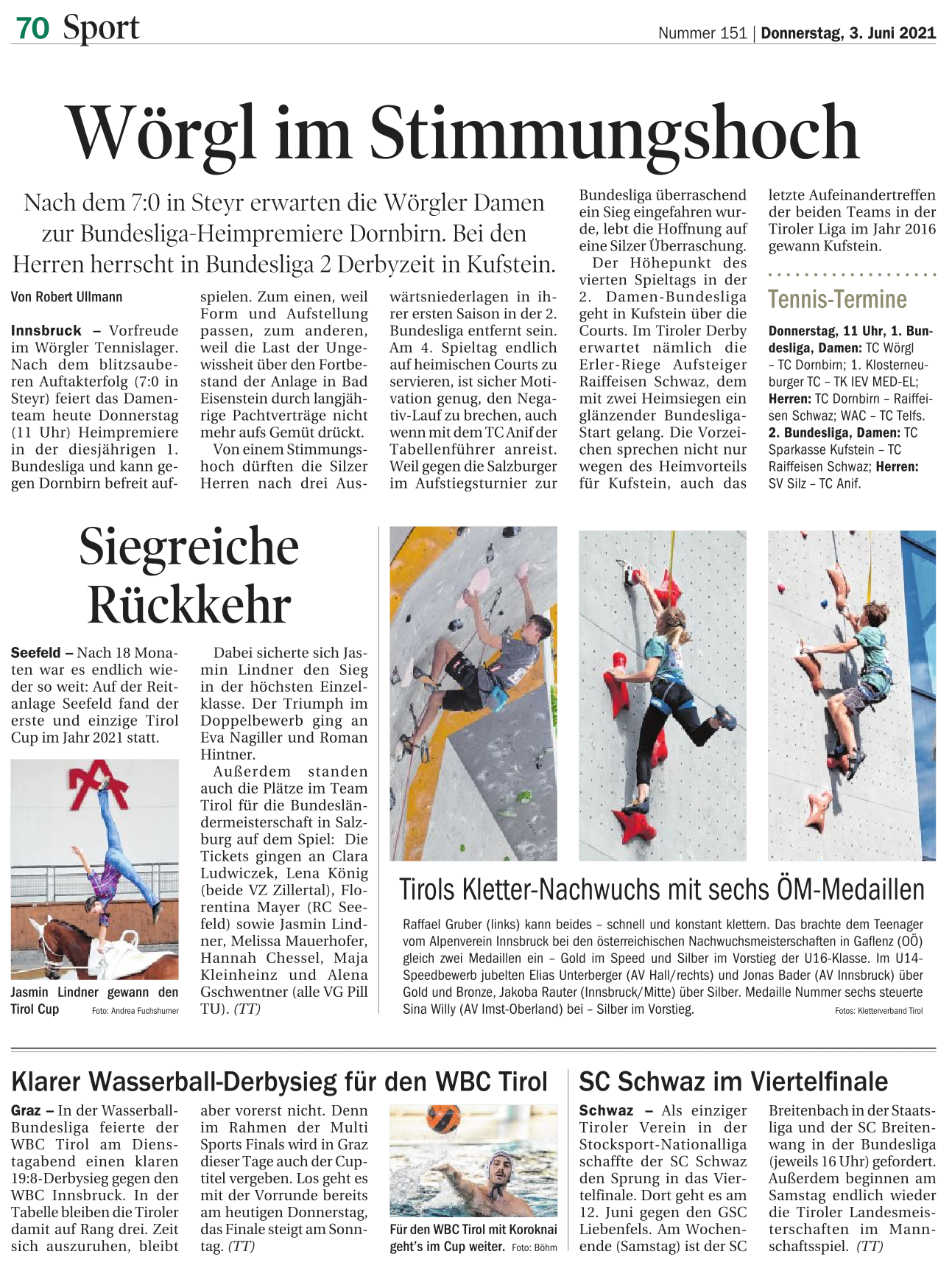 Bericht TT vom 03.06.2021 – LM neu und SC Schwaz im Viertelfinale der NL